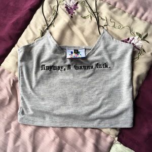 O-mighty “anyways” spaghetti strap crop tank top